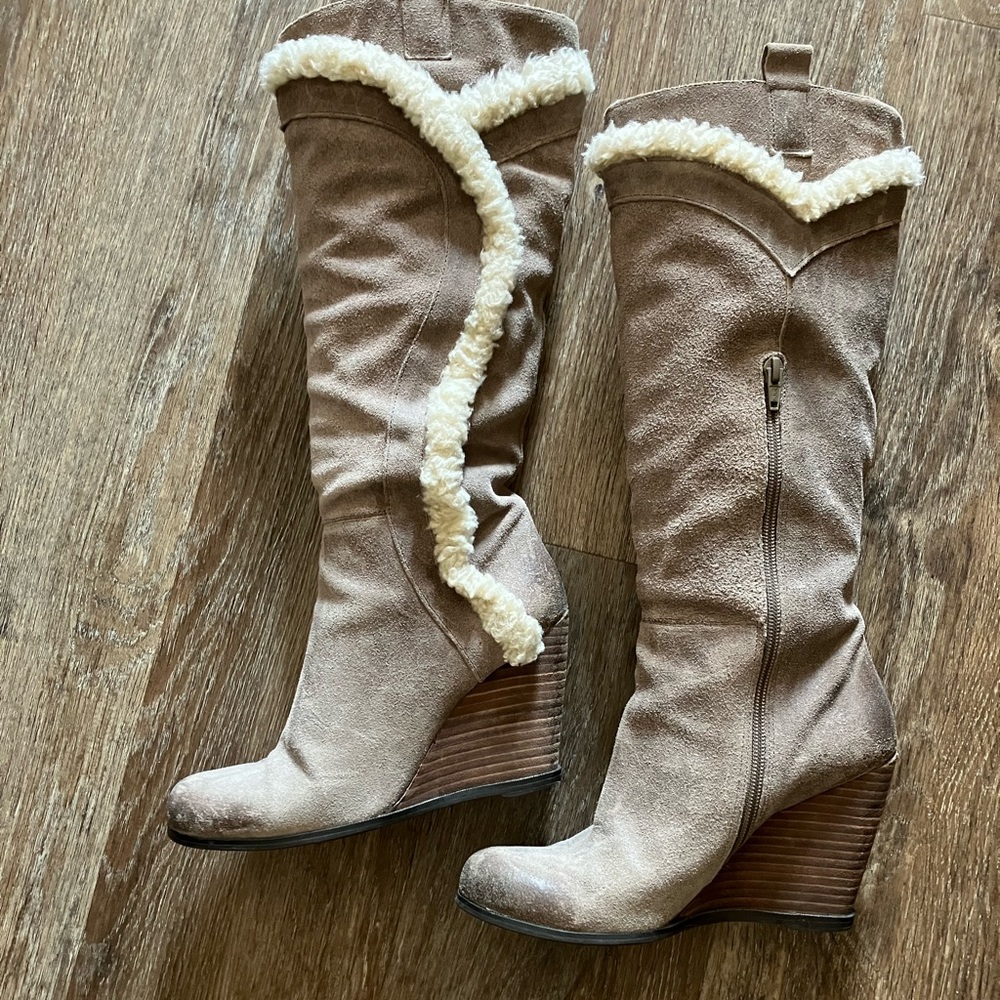 Fall Taupe Suede Wedge Knee-High Boots with Shearling Trim